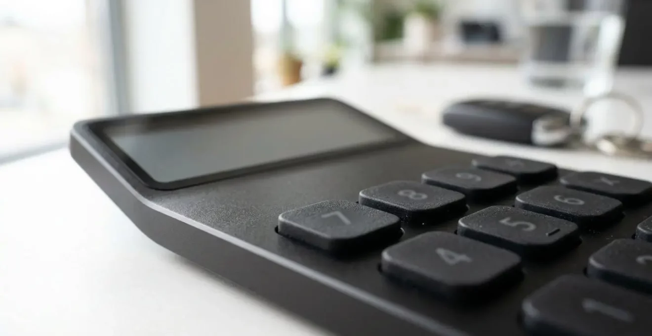 Gros plan sur une calculatrice moderne posée sur un bureau épuré avec des clés de voiture floues en arrière-plan