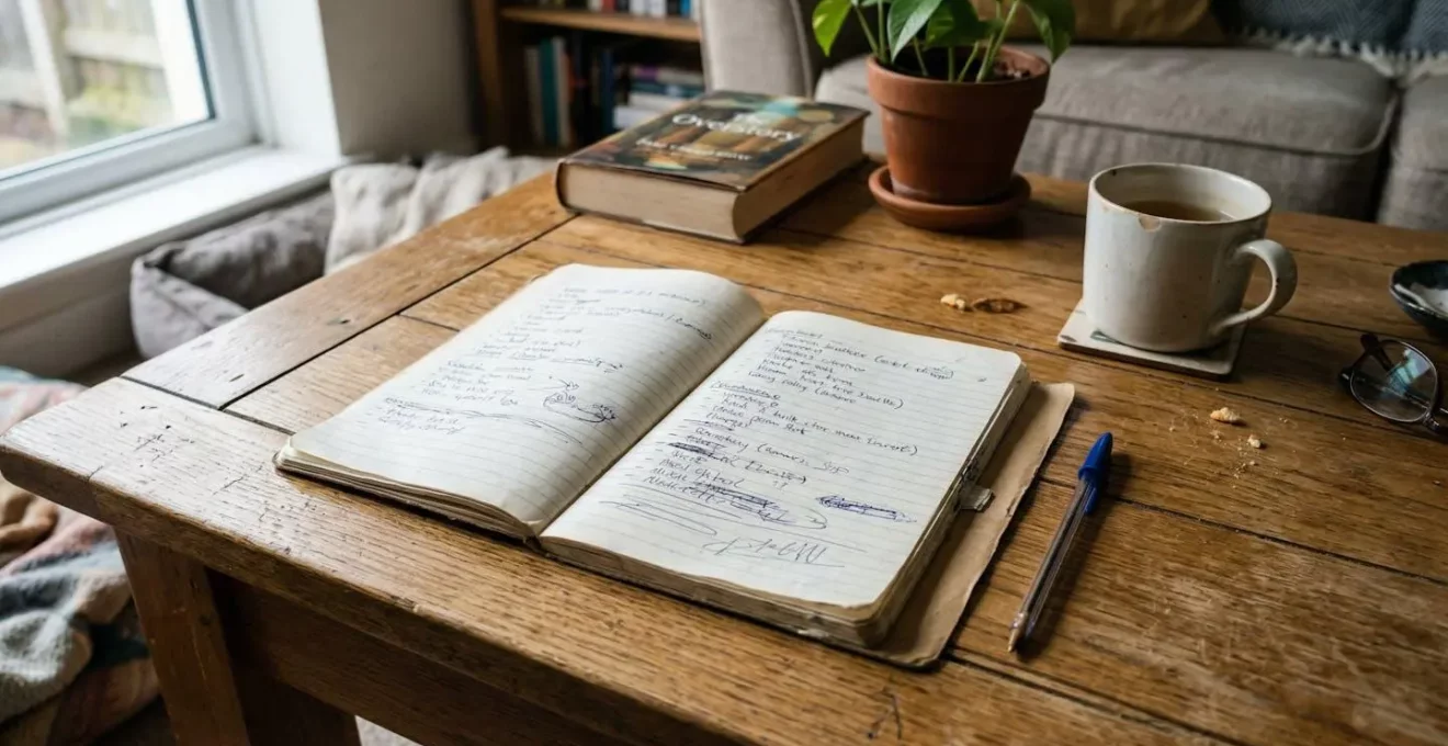 Un carnet ouvert avec une liste manuscrite partiellement visible, un stylo posé à côté, sur une table de salon éclairée par la lumière naturelle
