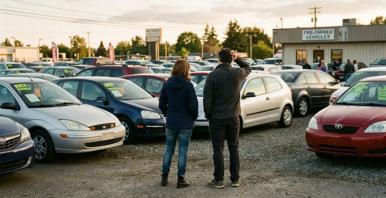 Un couple vu de dos observe plusieurs véhicules alignés dans l'allée d'une concession automobile en fin d'après-midi