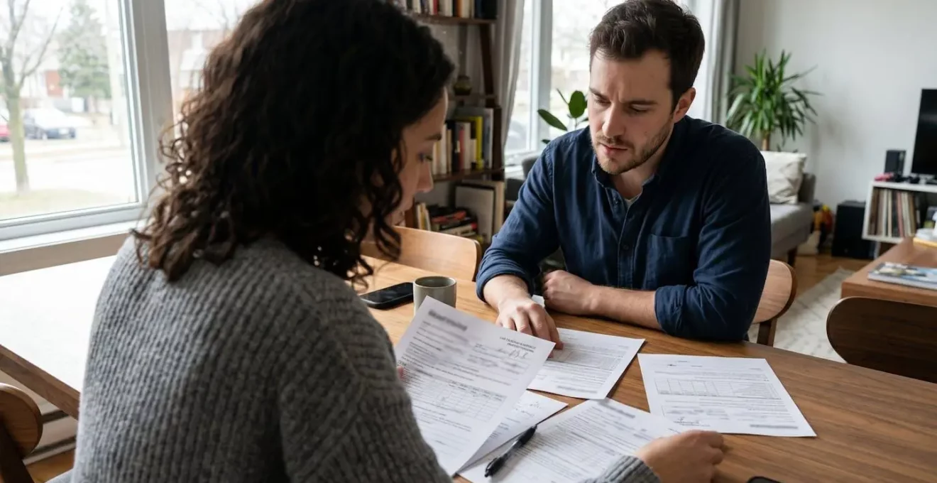 Un couple vu de dos discute sérieusement de documents automobiles posés sur une table moderne, dans une ambiance de décision budgétaire importante