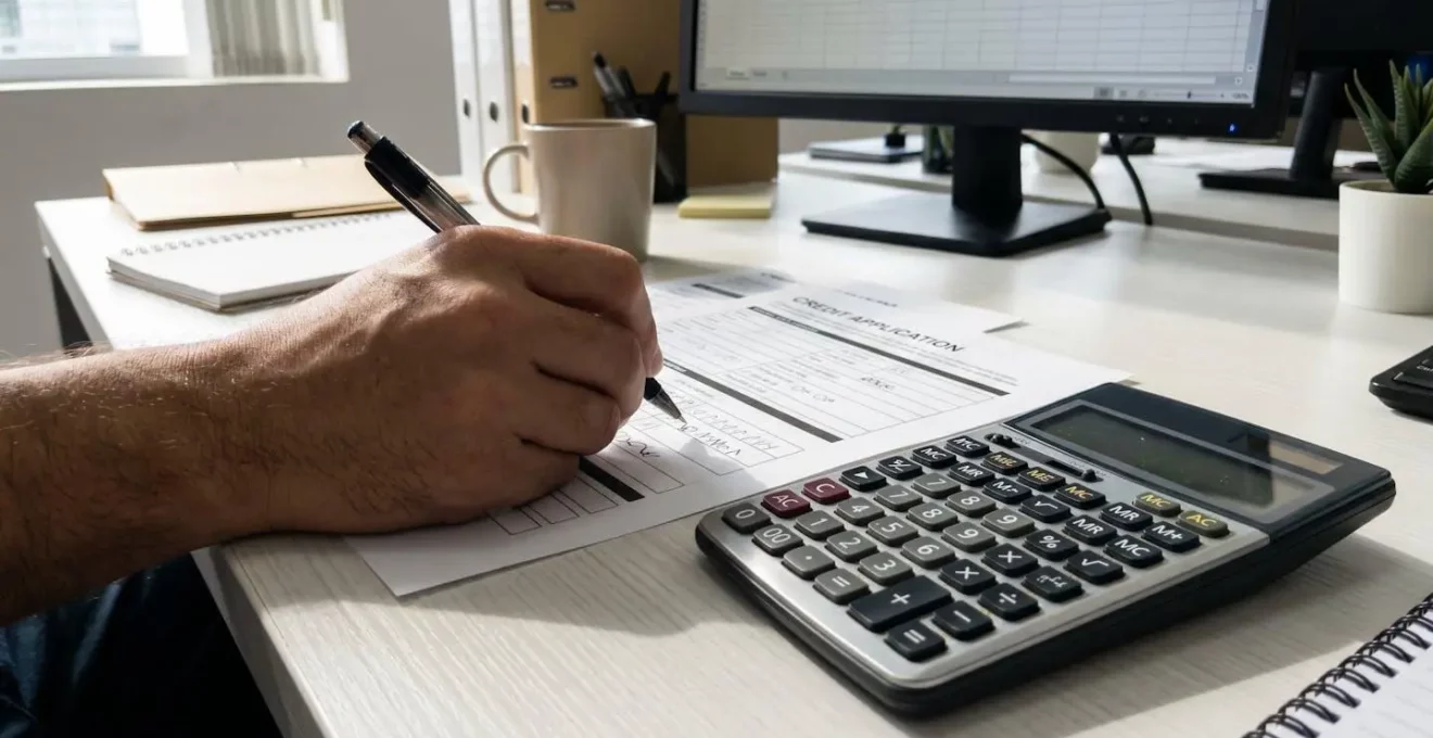 Gros plan sur une calculatrice moderne avec une main tenant un stylo posé sur un document de crédit, mise au point nette sur les touches de la calculatrice