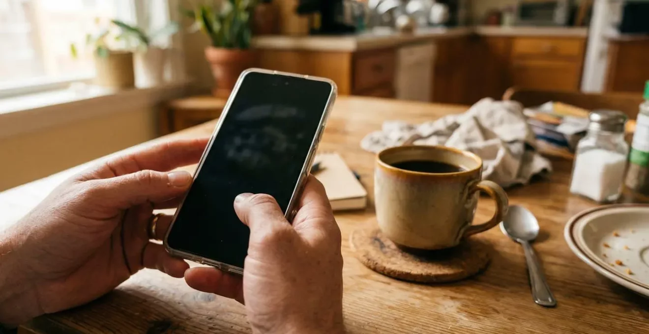 Des mains tiennent un smartphone au-dessus d'une table de cuisine avec une tasse de café, l'écran affichant une liste floue