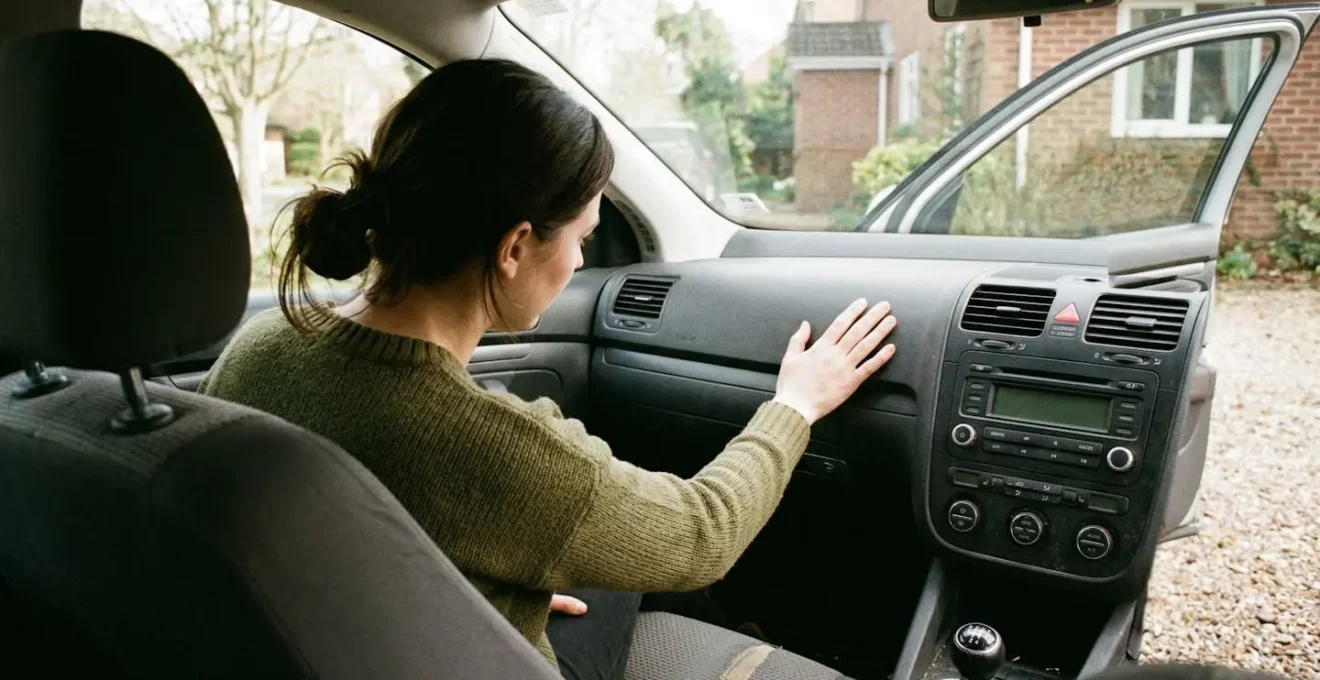 Une personne assise côté passager inspecte l'intérieur d'un véhicule, main posée sur le tableau de bord, portière ouverte avec lumière naturelle