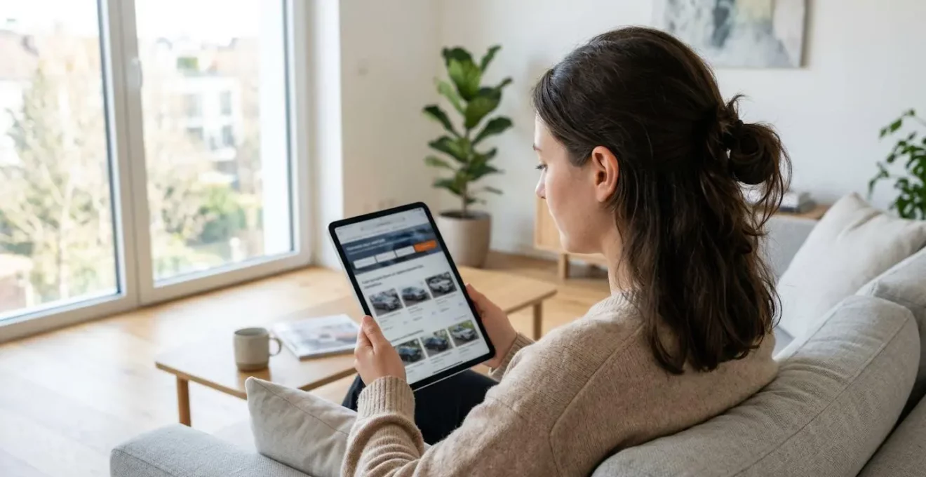 Une personne vue de profil consulte une tablette dans un salon contemporain lumineux avec lumière naturelle de fenêtre