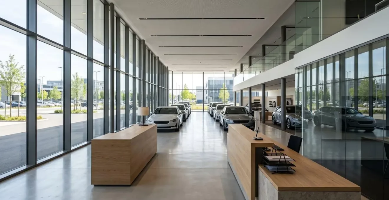 Vue grand angle d'un showroom de concession automobile moderne avec de grandes fenêtres lumineuses, des véhicules visibles en arrière-plan et un bureau d'accueil au premier plan, espace vide sans présence humaine