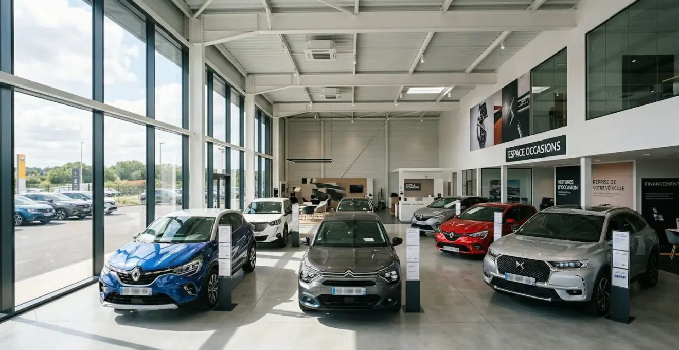 Vue grand angle d'un showroom de concession automobile moderne et lumineux avec plusieurs véhicules d'occasion en exposition et larges baies vitrées